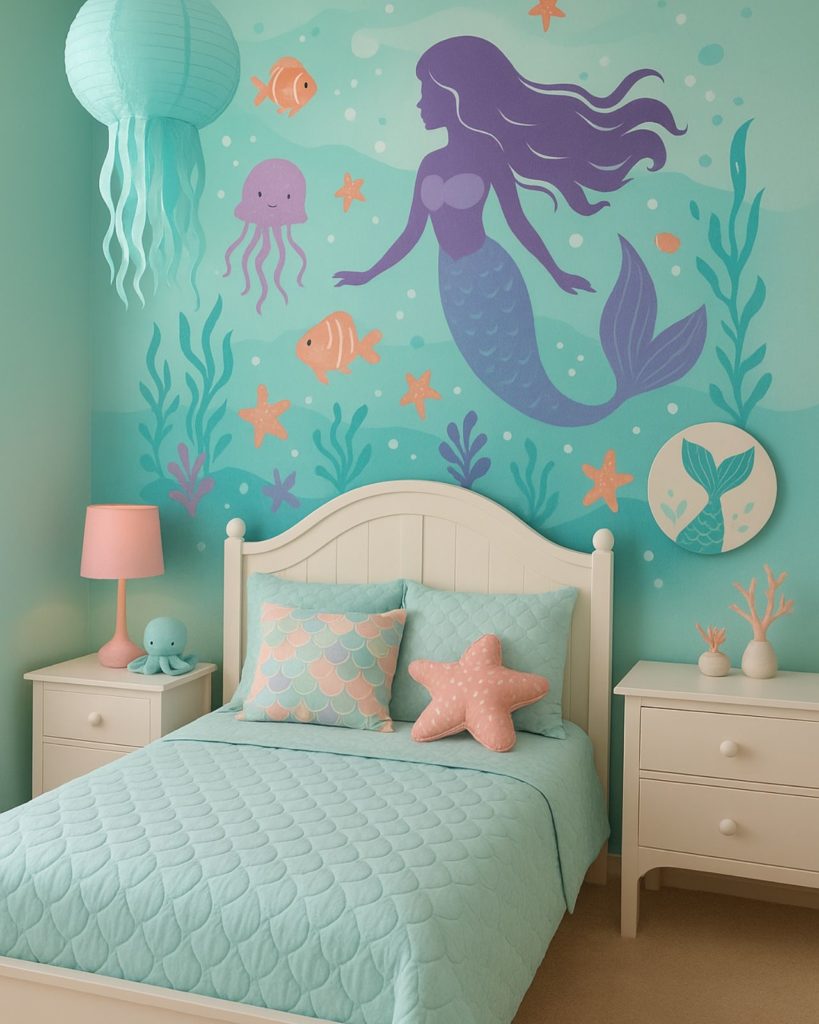 Quarto feminino minimalista decoração fundo do mar