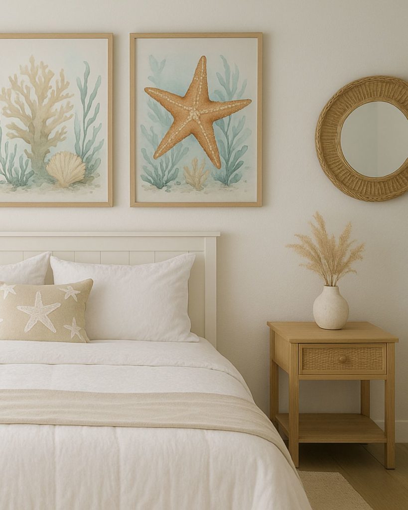 Quarto feminino minimalista decoração fundo do mar