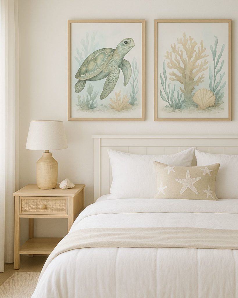 Quarto feminino minimalista decoração fundo do mar