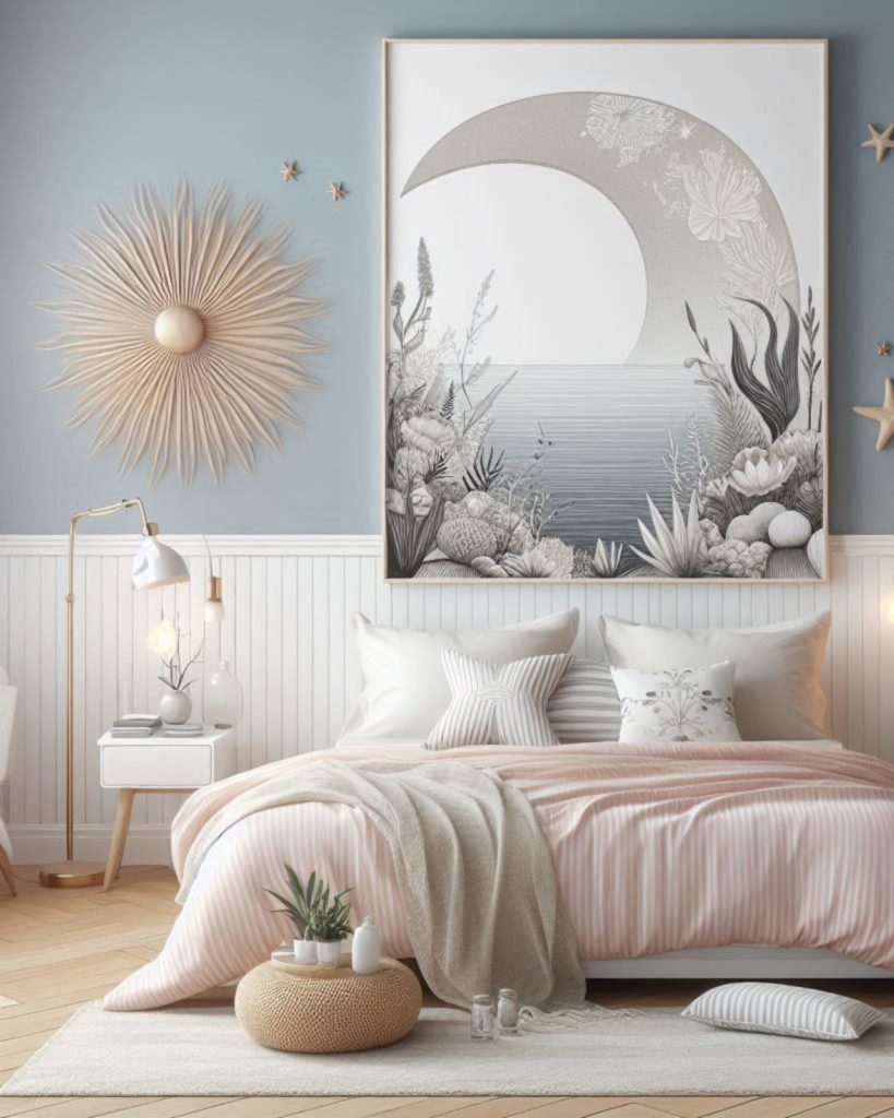 Quarto feminino minimalista decoração fundo do mar