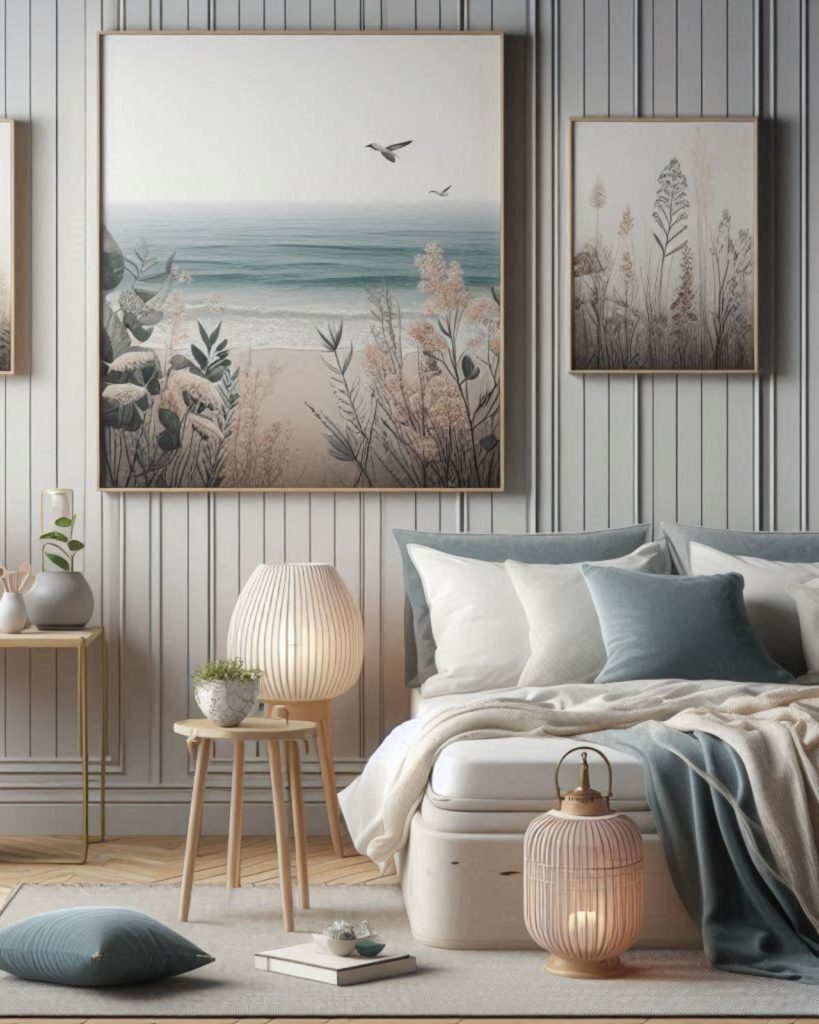 Quarto feminino minimalista decoração fundo do mar