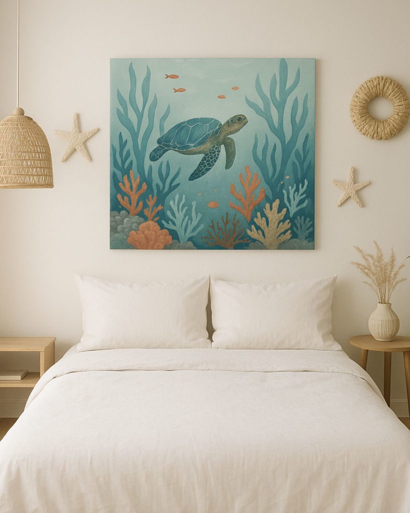 Quarto feminino minimalista decoração fundo do mar